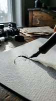 Calligrapher writing with fountain pen on textured paper at wooden desk with ink bottles and vintage supplies in natural window light.