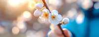 Delicate white cherry blossoms with yellow centers on branch against soft blue bokeh background, illuminated by warm sunlight.