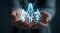 Glowing blue hologram family silhouette floating above cupped hands, symbolizing protection, care and digital transformation of family relationships in modern world.