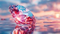Brilliant diamond crystal in pink and blue hues reflecting on water surface with dramatic sunset sky background creating luxurious gemstone composition.