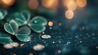 Delicate green clover leaves with water drops against dark background, illuminated by warm bokeh lights creating magical nature macro photography atmosphere.
