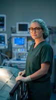 Female surgeon in green scrubs and surgical cap standing in modern operating room with medical equipment and monitors in background.