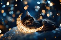 Black cat sleeping peacefully on glowing crescent moon decoration against dark background with magical bokeh lights creating dreamy atmosphere.