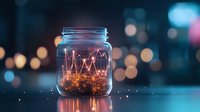 Glass jar with glowing stock market chart line graph inside against blurred bokeh city lights background, financial investment concept visualization.