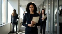 Professional African American businesswoman holding documents in modern office corridor with colleagues in background for corporate presentations.
