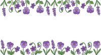 Purple floral border frame with lavender flowers and green leaves on white background for wedding invitations and spring design projects.