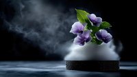 Mystical purple flowers floating above dark platform with ethereal fog and dramatic lighting create magical atmosphere for fantasy and spiritual designs.