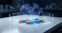 Futuristic pharmaceutical research with colorful capsules and holographic virus molecules floating above digital interface display for medical technology.
