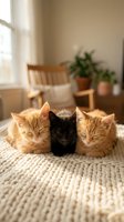 Three adorable kittens sleeping peacefully on cozy knitted blanket in warm sunlit living room with wooden chair and houseplants creating homey atmosphere.
