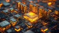 Glowing microchip on circuit board with orange light emission, futuristic computer processor technology shown in macro photography with depth of field.