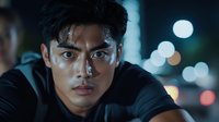 Young Asian male model with intense gaze against blurred city night lights background, dramatic portrait with bokeh effect and moody atmospheric lighting.