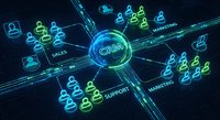CRM customer relationship management concept with glowing neon connections linking sales marketing support teams on dark digital background for business technology.