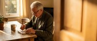 Senior Caucasian man with gray hair writing in notebook at wooden table in warm sunlit kitchen, peaceful morning routine for retirement lifestyle content.