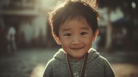 Happy Asian toddler boy in gray hoodie smiling outdoors with warm sunlight, childhood joy and innocence concept for family lifestyle content.
