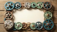 Steampunk mechanical gears frame with vintage copper and brass cogs creating decorative border on wooden background for industrial design projects.