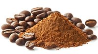 Fresh roasted coffee beans scattered around pile of ground coffee powder on white background, macro food photography showing texture and detail.