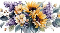 Watercolor floral arrangement with vibrant sunflowers, delicate peach roses and purple lilac blooms, adorned with sage green foliage on white background.