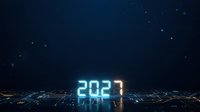 2027 glowing neon numbers on digital circuit board with starry night sky, representing future technology, innovation, and new year concepts for business and digital transformation projects.