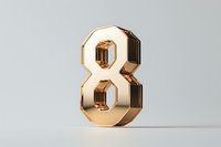 Golden metallic number eight standing upright on light background, geometric faceted design with reflective surface and clean modern style for anniversary or ranking.