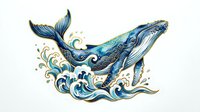 Decorative whale with ornamental waves and swirls in blue and gold tones, isolated on white background for design projects, apparel printing and creative compositions.