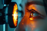 Close-up of female eye during optometry examination with bright orange diagnostic light reflection, showing detailed iris and eyelashes in medical setting.