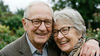 Happy senior couple embracing outdoors in garden setting. Elderly man and woman with glasses smiling together showing love and companionship in retirement years.