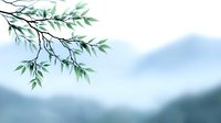 Serene mountain landscape with delicate green willow branches swaying in foreground against misty blue peaks, creating peaceful natural atmosphere.