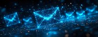 Glowing digital mail envelopes floating in dark space with network connections and particles creating futuristic communication concept in blue neon light.