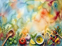 Watercolor cooking background with fresh vegetables, herbs, kitchen utensils and ingredients arranged on colorful abstract wash. Suitable for food blogs, recipes and culinary designs.