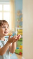 Happy young child with blonde hair catching floating geometric shapes in bright playroom with colorful toys and natural sunlight streaming through window.