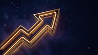 Golden arrow pointing upward with glowing neon outline against dark blue starry background symbolizing growth, success and financial progress in business.
