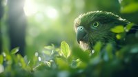 Green parrot head close-up among tropical foliage with soft bokeh light effects and sunbeams creating magical forest atmosphere in natural environment.