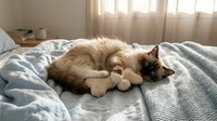 Fluffy ragdoll cat sleeping peacefully on cozy bed with soft toy in warm sunlit bedroom. Domestic pet relaxation and comfort at home lifestyle concept.