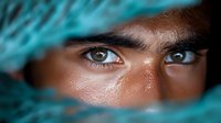 Intense gaze through turquoise fabric creates dramatic portrait highlighting expressive brown eyes and strong eyebrows in artistic close-up composition.