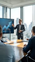 Middle-aged Caucasian male businessman presenting growth chart to colleagues in modern high-rise conference room with city skyline view. Business presentation and financial analysis.