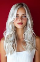Young Caucasian woman with platinum blonde wavy hair and natural makeup against red background, wearing white top. Professional beauty portrait highlighting modern hairstyle.