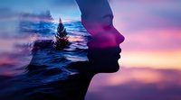 Double exposure silhouette of African American woman profile merged with ocean waves and pine tree against purple sunset sky, expressing inner peace and mindfulness.