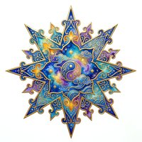 Ornate star mandala with cosmic galaxy center, intricate gold filigree details, and vibrant blue, purple, and rainbow gradient colors. Isolated on white background for design projects.