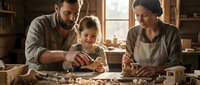 Family woodworking together in workshop, father teaching son and mother assisting with carpentry project, learning craft skills at wooden workbench.