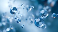 Abstract blue molecular structure with floating geometric spheres on soft gradient background for science and technology concepts.