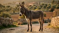 Donkey standing on rural dirt road with olive groves and stone buildings in background, suitable for agriculture, farming, and countryside lifestyle content.