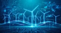 Digital wind turbines on futuristic grid landscape with glowing circuit patterns and holographic energy technology elements in blue tones.
