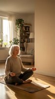 Senior Caucasian woman meditating in lotus pose on yoga mat at home, warm sunlight filling cozy living room, mindfulness and wellness concept.