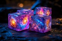 Glowing cosmic dice with galaxy patterns inside transparent cubes emit magical purple and orange light against dark background, creating mystical gaming atmosphere.
