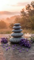 Zen stone stack with lavender flowers and candle on wooden surface at sunset for meditation and spa relaxation in nature setting.
