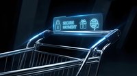 Futuristic shopping cart with holographic secure payment interface display showing digital commerce technology for online retail and e-commerce solutions.