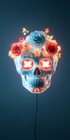 Glowing sugar skull with red and blue roses, butterflies and floral patterns on dark background. Neon style Mexican celebration art with luminous ornamental details.