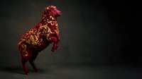 Ornate red rooster with golden floral patterns dancing on dark background. Decorative folk art style bird in motion for cultural designs and festive projects.