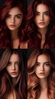 Young woman with different shades of red and copper hair colors showcasing professional hair coloring variations and styling options for beauty and fashion industry.