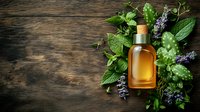 Amber glass bottle with essential oil surrounded by fresh mint leaves and lavender sprigs on rustic wooden background for aromatherapy and natural wellness.